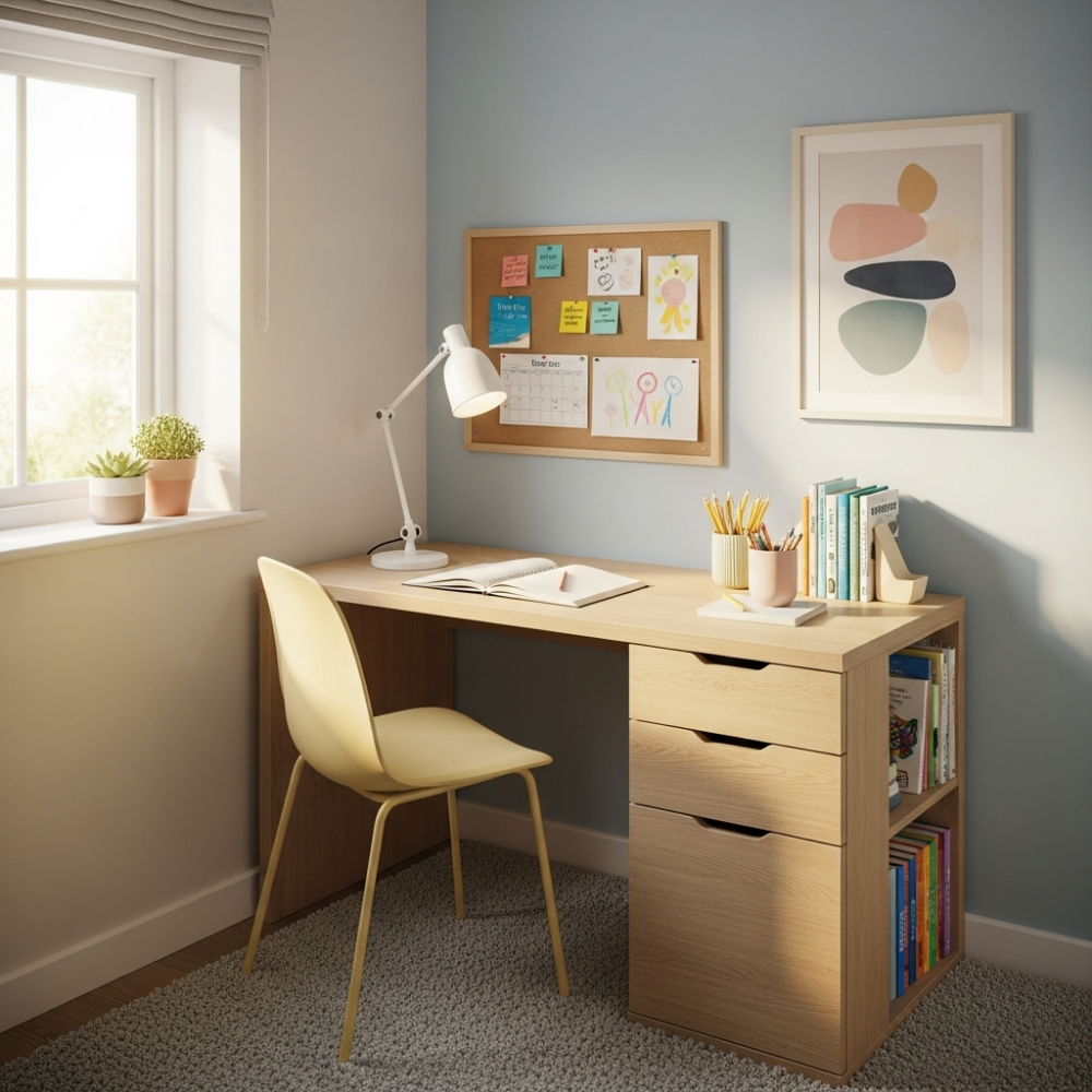 Modern study desk with a supportive chair, lamp, and organized supplies
